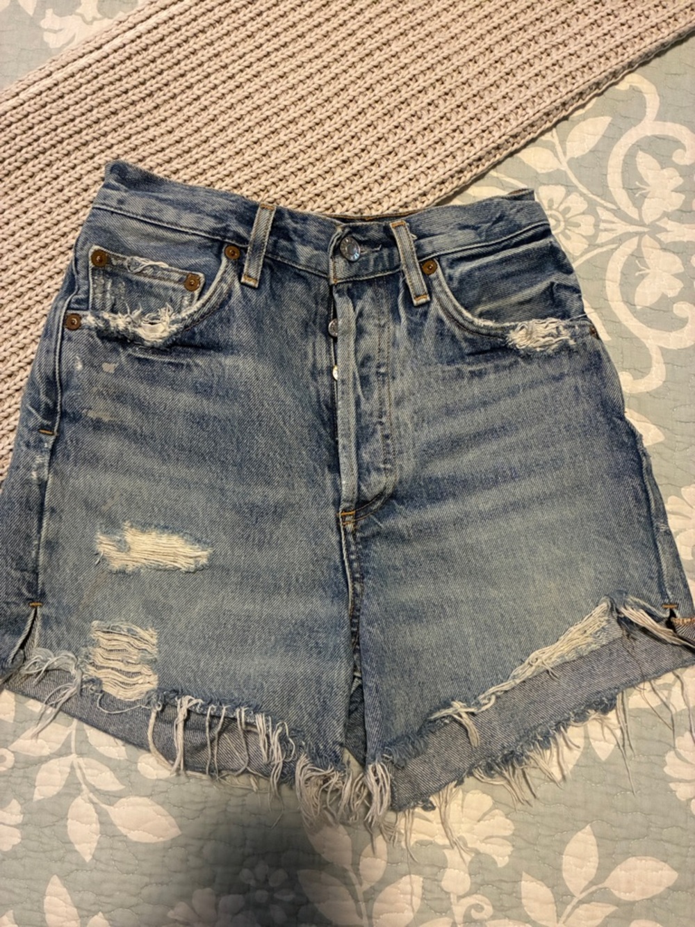 Agolde Light Blue Distressed High-Rise Denim Shorts
